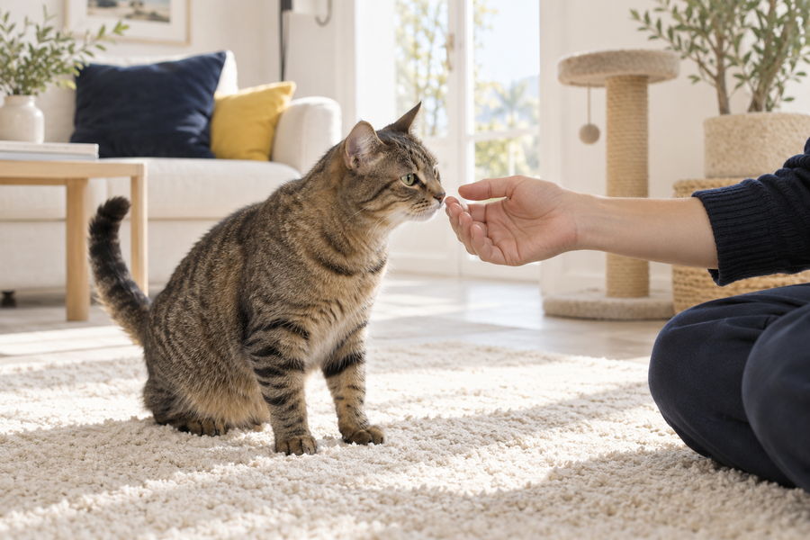 Illustration of a cat calmly getting to know a person at home